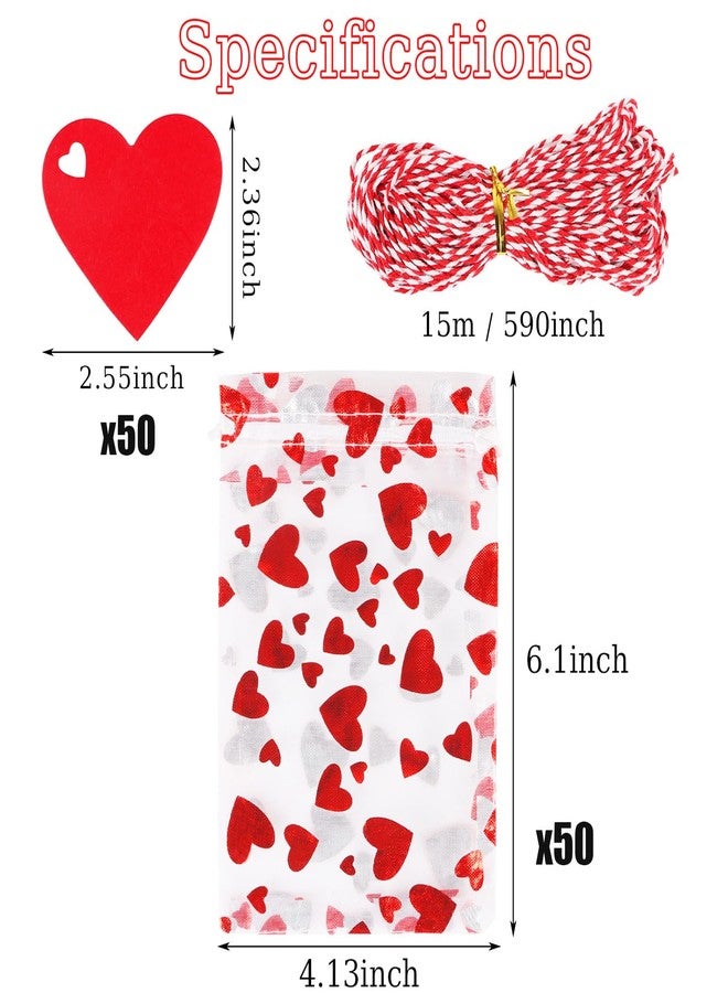 FOIMAS 4x6 Inch Heart Organza Gift Bags,50pcs Valentine's Day Drawstring Bags with 50pcs Kraft Tags Jewelry Candy Pouch Bag for Valentine's Day Wedding Party Favor - Image 2